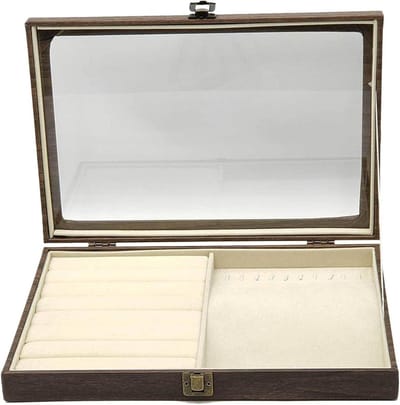 Houten Sieraden Doos - Vitrine Accessoires - Sieraden Opbergen - Gehard Glazen Deksel - 34x24x4 cm - Houtkleurig