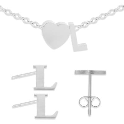 Initiaal Armband & Oorbellen set met Letter L Zilverkleurig - Stainless Steel - Met letter & Hartje! - 2x Sieraden Cadeau - Pax Amare