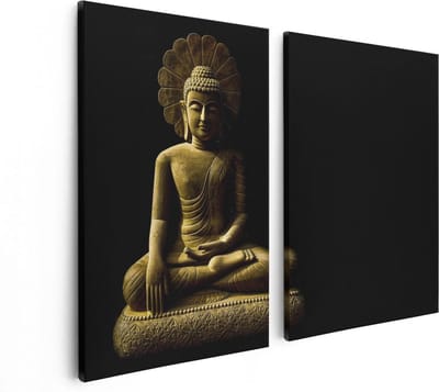 Artaza Canvas Schilderij Tweeluik Gouden Boeddha Beeld In Meditatie  - 80x60 - Foto Op Canvas - Canvas Print