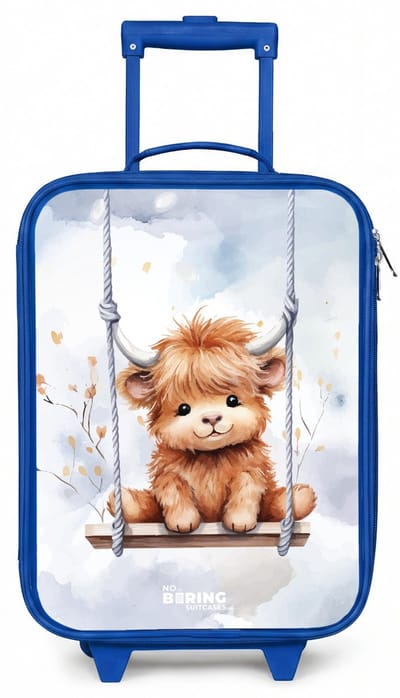 NoBoringSuitcases.com® - Kinderkoffer blauw - Kindertrolley jongen - Schommelend Schotse hooglander kalf van waterverf - Koffer kind lichtgewicht - Reiskoffer trolley voor kinderen - Koffertje met lichtgevende wieltjes - Rolkoffer