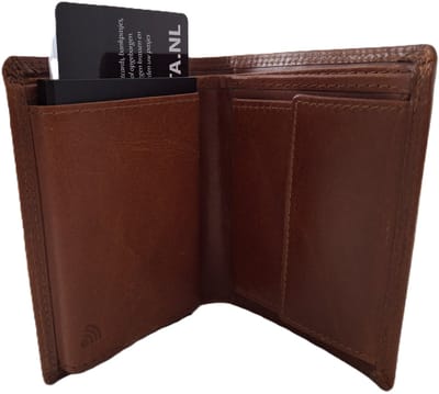 OI LUXE Cognac bruine leren billfold met cardprotector / normale portemonnee met Figuretta pasjeshouder / complete portemonnee met anti skim kastje / leren beurs met metalen pasjeshouder / glad Camel bruin leer / 115Cognac CRUNCH