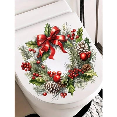 Autocollant Festive de Couvercle de Toilettes de Noël avec Guirlande de Pins Baies et Boules Série Noël Autocollants de Toilettes PVC Auto-adhésif Couronne de Noël Stic 7.9*11.4in multicolore