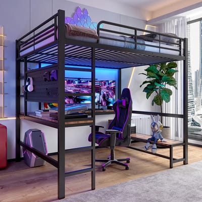 Komhtom Hoogslaper, 140 x 200 cm, ijzeren frame, bureau, veiligheidshek, ladder, diverse opbergmogelijkheden, met USB-aansluiting + type C, met ledstrip, met geperforeerd paneel, zonder matras, zwart