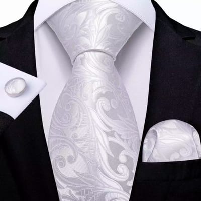 Stropdas set- 100% zijde-wit- Blad motief-stropdas-manchetknopen-pochet - Charme Bijoux