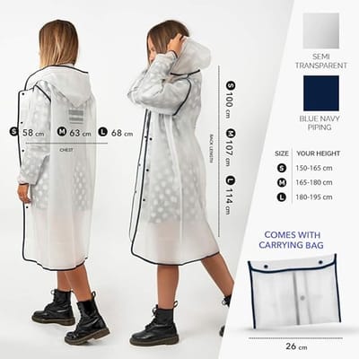 Lange Regenjas Man Vrouw met Capuchon en Reflecterende Details - Waterbestendige Regenponcho met Lange Mouwen en Knopen - Draagbare Poncho Jas Regen Modder - Perletti , Transparant met Blauwe Rand