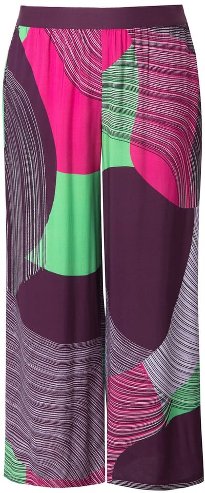 Ulla Popken - Dames - Broek print wijde rechte pijp elastische tailleband - Donkerpruim - Maat 42+