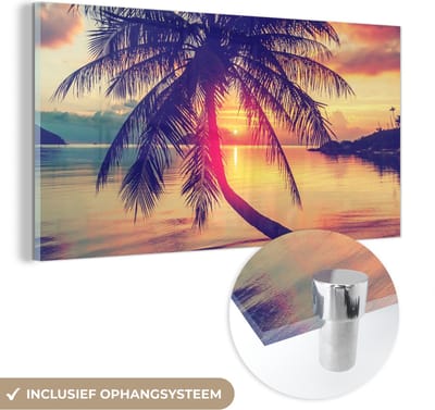 MuchoWow® Glasschilderij 120x60 cm - Schilderij acrylglas - Palmboom - Avond - Strand - Zomer - Foto op glas - Schilderijen - Portret van de zomer