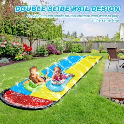 Waterglijbaan voor kinderen, 6,1 x 1,4 m, opblaasbare waterglijbaan met 2 bodyboards, dubbele waterglijbaan met ingebouwde sproeier, waterspeelgoed voor kinderen en volwassenen, outdoor, blauw