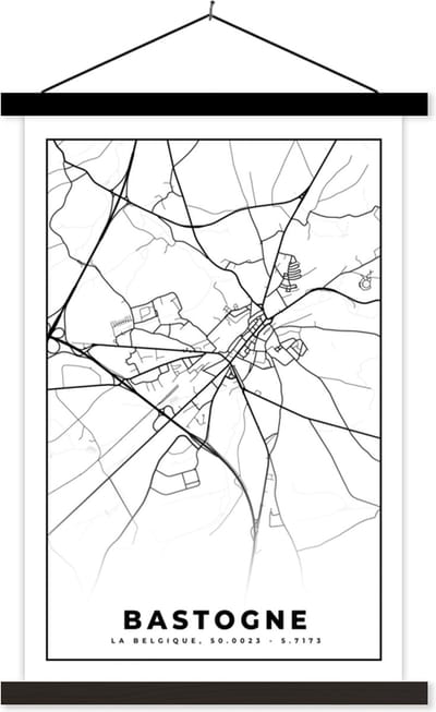 Posterhanger incl. Poster 40x60 cm - Schoolplaat - België – Bastogne – Stadskaart – Kaart – Zwart Wit – Plattegrond - Textielposter - Zwarte latten - Stadskaart