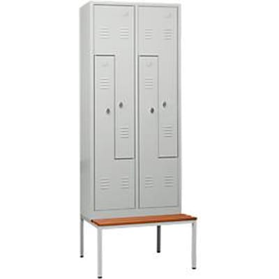 Kledinglocker, 4 compartimenten, met zitbank, B 800 x H 2200 mm, draaigrendelslot, lichtgrijs/lichtgrijs