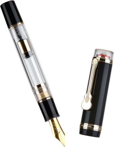 Fountain pen met fijne nib, gouden gitaarclip, zwart en transparant acryl, inclusief converter en luxe ontwerp