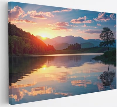 Saammp Canvas Schilderij - Groot meer met zonsondergang - Landschap - Natuur - 30x20 - Foto op canvas - Wanddecoratie - Muurdecoratie Woonkamer - Slaapkamer decoratie - Canvas Print