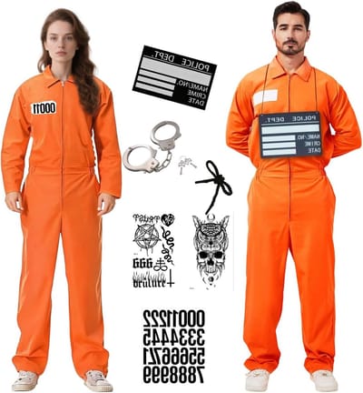 Strafgevangenis Kostuum voor Mannen en Vrouwen, Oranje Gevangenis Overall met Handboeien, Naamlabel en Tattoos voor Volwassenen, Perfect voor Halloween en Carnavalsfeesten