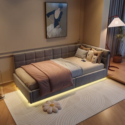 Hydraulische slaapbank, eenpersoonsbed van 90 x 200 cm met ledverlichting en USB-poorten, fluwelen bekleding, zonder matras, verzonden in 2 pakketten