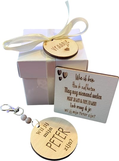 Cadeaudoosje Wil jij mijn PETER zijn? | BEIGE | wie ik ben | sleutelhanger | peter vragen | peter worden | peetoom vragen | peetoom worden | cadeau | doosje met een vraag | geschenkbox