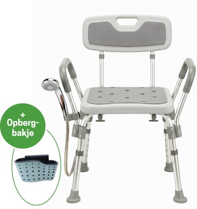SoluHome® Douchestoel - Douchekruk - Zithoogte: 43-53 cm - Met Afneembare Rugleuning en Armleuning - Douchekophouder - Badkamerkruk - Douchezitje - Antislip - Met Douchekophouder en Bakje - Badkamerkruk