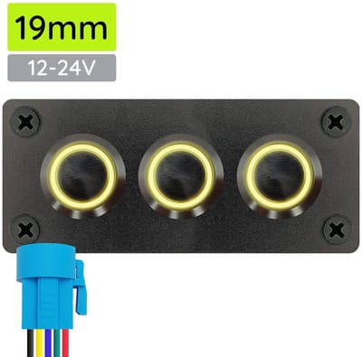 ProRide Metalen Pulsschakelaar 12-24V OFF-(ON) - Drievoudig Inbouwpaneel - 19mm - IP67 - LED indicatie Geel