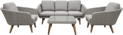 Mire Loungeset – 4-delige Tuinset – Wicker & Acaciahout – Grijs/Naturel – Inclusief Tafel, Bank en Stoelen