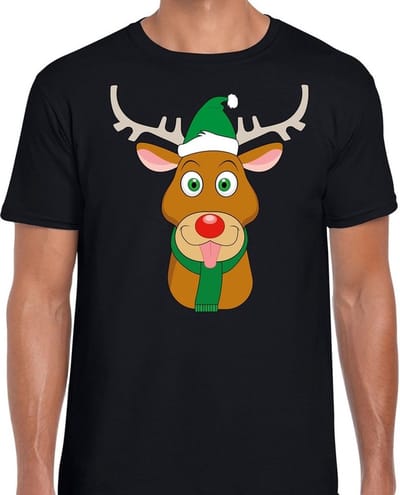 Kerst t-shirt voor heren - zwart - Rendier Rudolf - groene kerstmuts - kleding - korte mouwen S