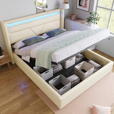 VVBV Gestoffeerd Opbergbed 140x200 cm - Hydraulische Opbergruimte, LED-Verlichting, Afstandsbediening, Voor Hal/Entree - Wit
