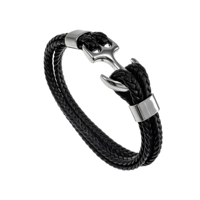 Brede Armband, Nautische Armband van Gevlochten Echt Leer en RVS met Anker – Unisex