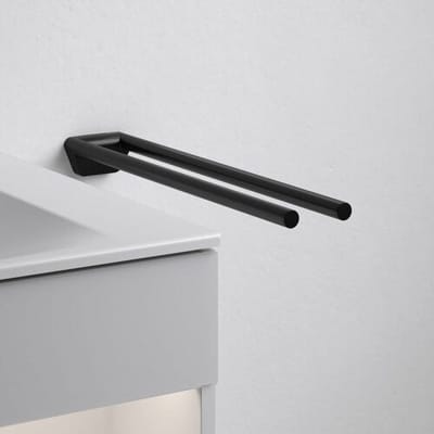 KEUCO Handdoekhouder van metaal, zwart mat gepoedercoat, lijm of boren, twee armen, draaibaar, 45 cm diep, voor badkamer en gastentoilet, wandmontage, Reva Black Selection