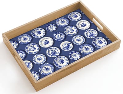 Dienblad hout 40x30 cm - Schootdienblad - Borden - Floraal - Blauw - Borrelplank rechthoek - Plateau dienbladen