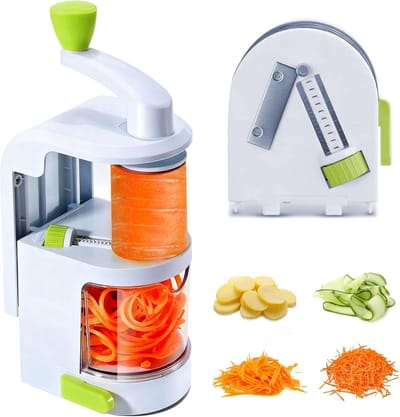 Famanu – Groentespiraalsnijder met zwengel en opvangbak, 4-in-1 multifunctioneel keukenhulpmiddel voor groenten en fruit