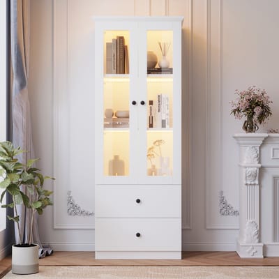 BLACKCOLORS Moderne LED-vitrinekast wit mat 165 cm hoog met USB-aansluiting, 16-kleuren afstandsbediening, glazen vitrinekast met 2 lades, verticale vitrinekast met verstelbare legplanken, vitrinekast met vleugeldeuren, MDF-woonkamer