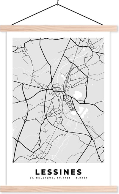Posterhanger incl. Poster 40x60 cm - Schoolplaat - Stadskaart – Plattegrond – België – Zwart Wit – Lessines – Kaart - Textielposter - Blanke latten - Stadskaart