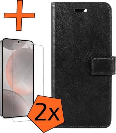 Hoes - Met 2x Screenprotector - Geschikt voor Samsung Galaxy S24 - Luxe Pasjeshouder - Bookcase Portemonee - Flip Case - Kunstleer Book Case - Flipcase Hoes - Book Cover - Walletcase - PortemonneeHoes - Zwart