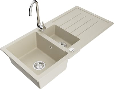 Mexen Andres granieten spoelbak 1,5-komor met afdruiprek en keukenkraan Telma, beige - 6515-69-670200-00