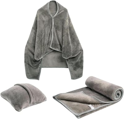 Dekenkussen Combo - Reis Poncho - Comfortabel Reizen - Zacht Flanel - 127 x 152 cm - Grijs