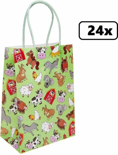 24x Koordtas Boerderij dieren 16cmx9cmx22cm - dieren - goodiebag|papieren|draagtas|tas|koord|festival|kado|themafeest|party|geschenken