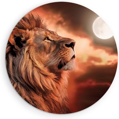 Saammp Muurcirkel Hout - Leeuw met de maan - Dieren - Natuur - Ø 90 - Wandcirkel - Wanddecoratie Cirkel - Muurdecoratie Woonkamer - Slaapkamer decoratie - Rond Schilderij