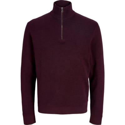 JACK & JONES Milano stitch knit half zip regular fit - heren pullover katoen met opstaande boord met rits - bruin (bitter chocolate melange)