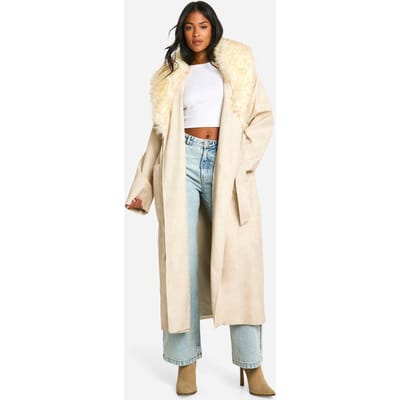 boohoo Dames Lange trenchcoat met namaak bontkraag en vintage uitstraling van namaakleer | Stone | Maat: 10