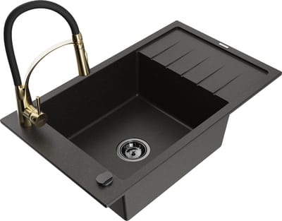 Mexen Elias granieten spoelbak 1-komors met afdruiprek en keukenmengkraan Aster, zwart/gouden metallic - 6511-75-73450-57-B