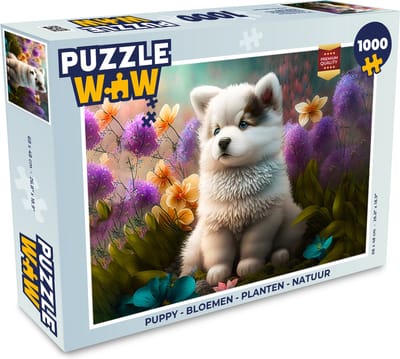 Puzzel Puppy - Bloemen - Planten - Natuur - Husky - Legpuzzel - Puzzel 1000 stukjes volwassenen