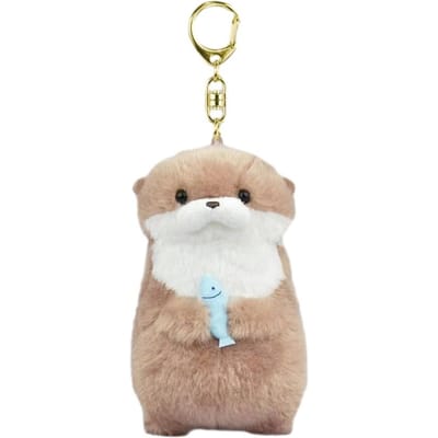 Schattig Otter Knuffel Sleutelhanger met Vis - Kawaii Dier Knuffel Knuffeldier dat een Vis Omhelst, Schattig Cadeau Kinderen Meisjes Vrienden, white
