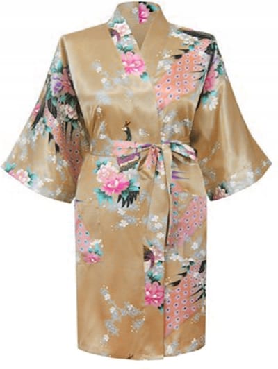KIMU® Kimono Goud Kort - Maat XS-S - Yukata Satijn Boven de Knie - Korte Gouden Ochtendjas Japanse Kamerjas Sexy Satijnen Badjas Geisha 152 158 164 Festival