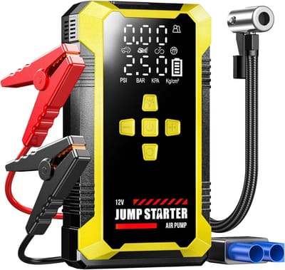 Thijox - 2 in 1 Auto Starthulp Powerbank Jump Starter met Luchtcompressor, 12V Acculader, Draagbare Accu Booster met Jump Kabel & LED Licht voor Auto,