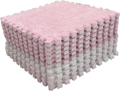 Puzzel speelmatten, 10 stuks schuimmatten, 30 x 30 cm vierkante in elkaar grijpende tapijttegels, zacht pluche tapijt voor slaapkamer (roze wit)