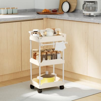 MEUNIQ keukenwagen 42 x 42,5 x 76 cm met 3 opbergmanden, handdoekhouder, 2 afneembare hangmanden, handgreep en wielen, metalen frame, wit