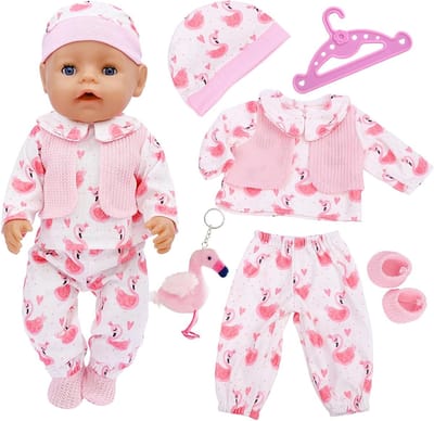 Kledingset voor Poppen van 35-45 cm met 6 Outfits, Top, Broek, Sokken, Hoed en Flamingo Ornamenten