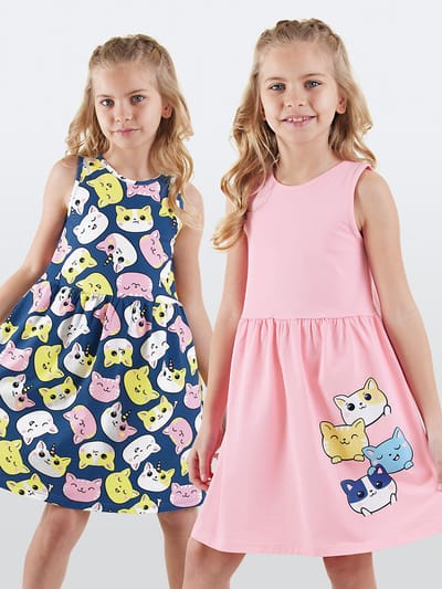 Denokids CFF-25Y1-075 Roze Meisjes Jurk 2-Pack Kittyprint 110