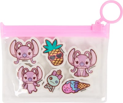 Disney - 6 gummen - Angel & Stitch - transparant tasje etui met rits - 6x gum - schoolgum - roze