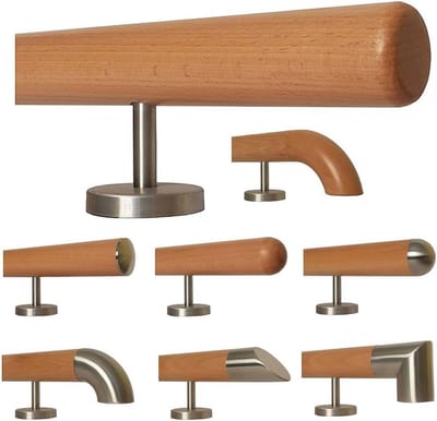 Beuken trapleuning 30 - 500 cm, recht, roestvrij houder, binnen, 42 mm Ø, eindstukken