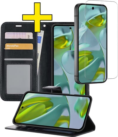 Hoesje - Met Screenprotector - Geschikt voor Google Pixel 9 - Luxe Pasjeshouder - Bookcase Portemonee - Flip Case - Kunstleer Book Case - Flipcase - Book Cover - Walletcase - Portemonneehoes - Telefoonhoesjes - Zwart