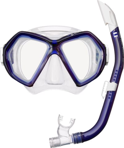 ReefTourer Duikbril met snorkel Volwassenen - Flexibele pasvorm, comfortabel snorkelmasker twee vensters - Transparant/Blauw - RC-0107-CBL